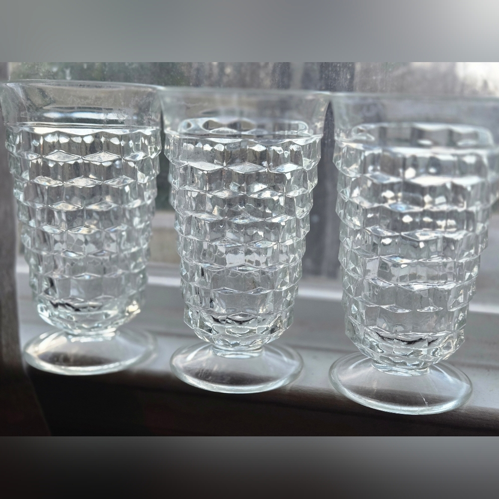 Vintage Indiana Glass "Whitehall" Clear Cubist Footed Tumblers - Set of 3 - MINT